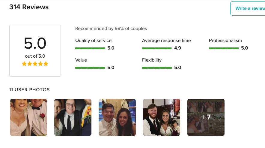 screenshot of champagne toast DJs wedding wire reviews score